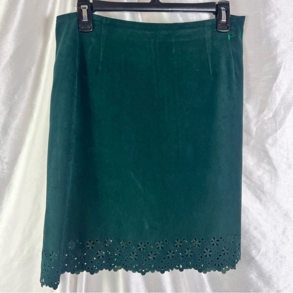 Venezia Jeans Vintage Boho Faux Suede Green Short Skirt – Floral Cutout Hem (18)